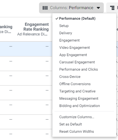 facebook ads manager column options