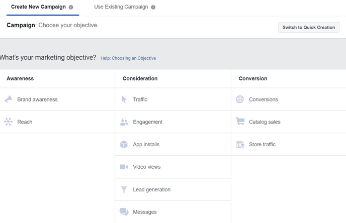 Facebook Ad Campaigns Objective Selector