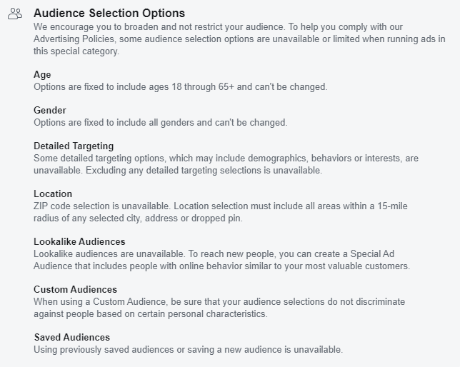 Facebook audience selection options for Special Ad Categories